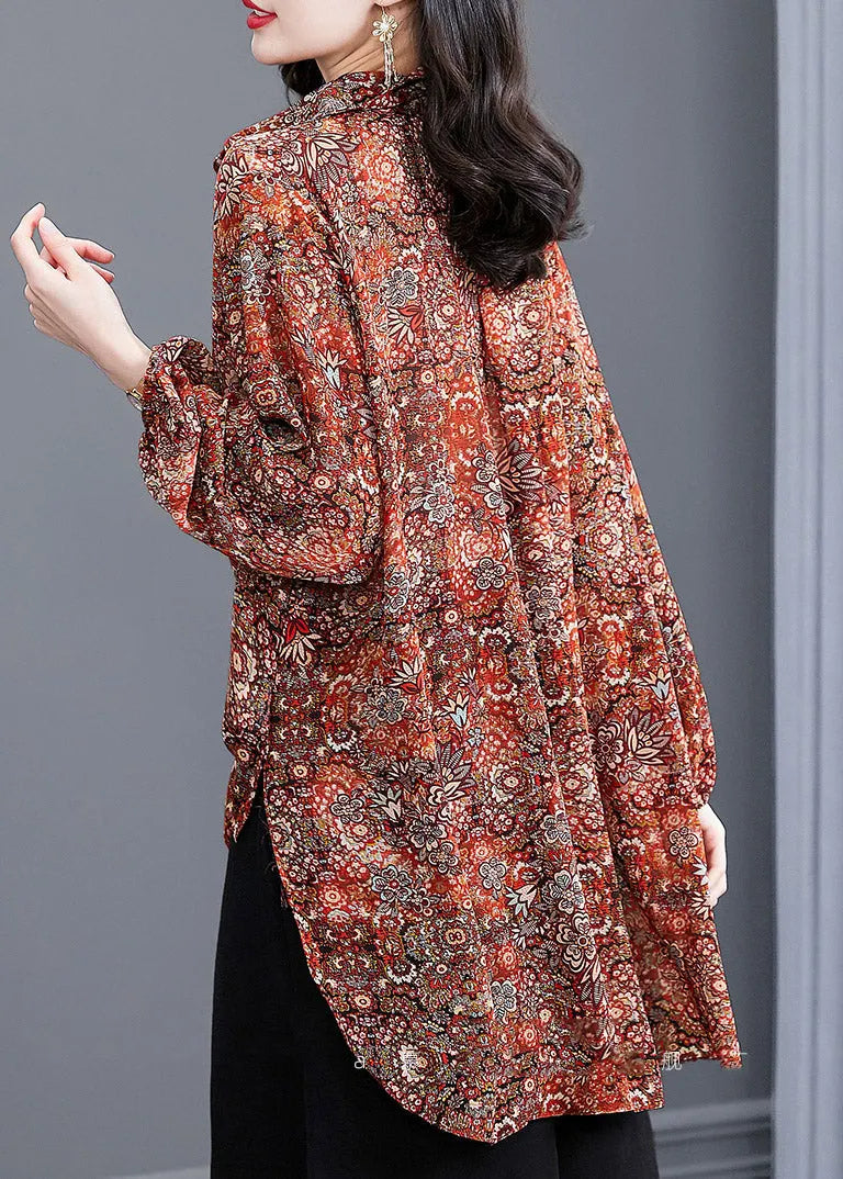 Red Peter Pan Collar Button Print Side Open Chiffon Shirt Tops Long Sleeve