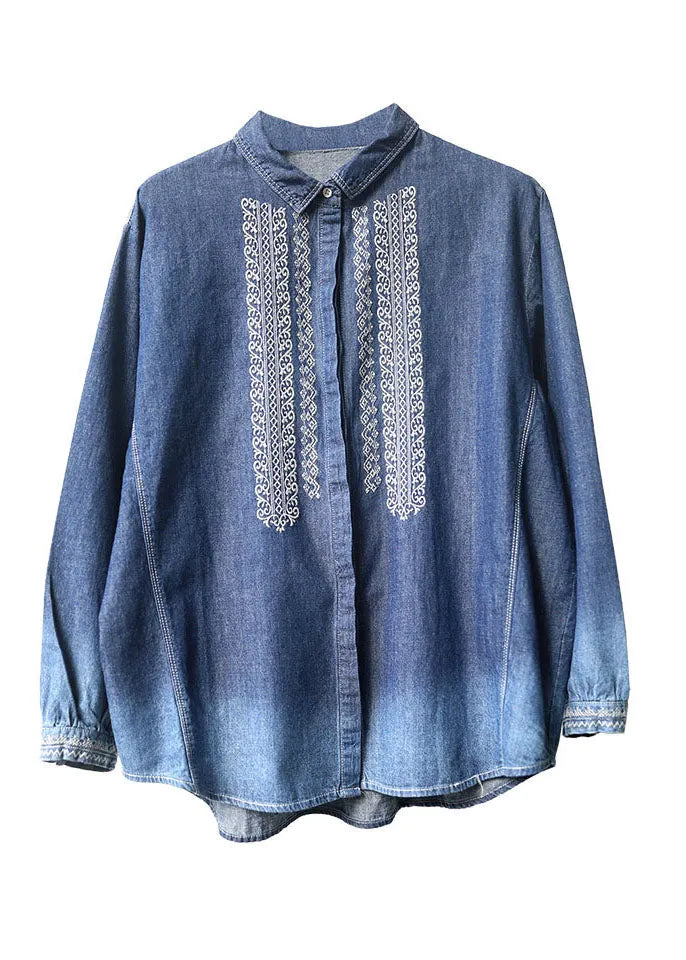 Blue Peter Pan Collar Embroideried Cotton Denim Shirt Top Long Sleeve