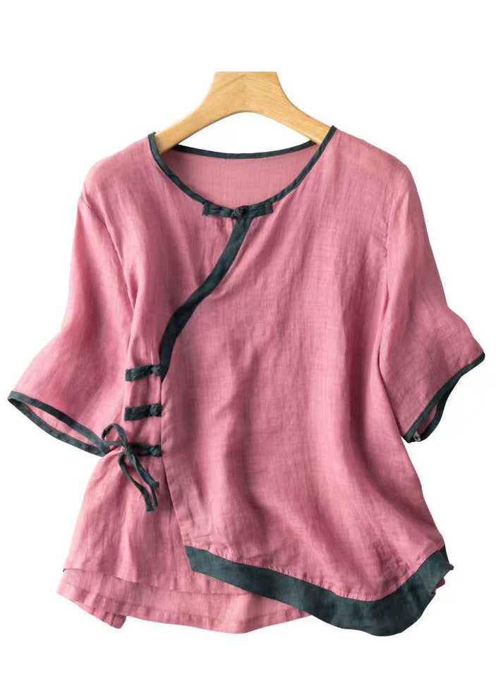 Pink Asymmetrical Button Patchwork Cotton Shirt Summer