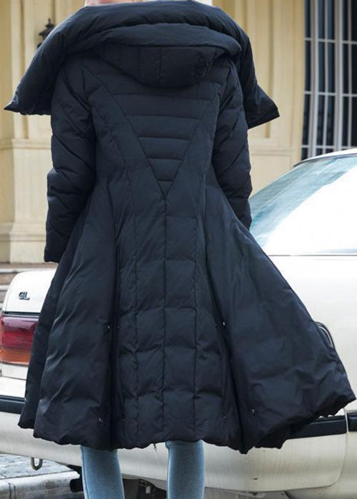 Black Hooded Asymmetrical Button Duck Down Coat Winter