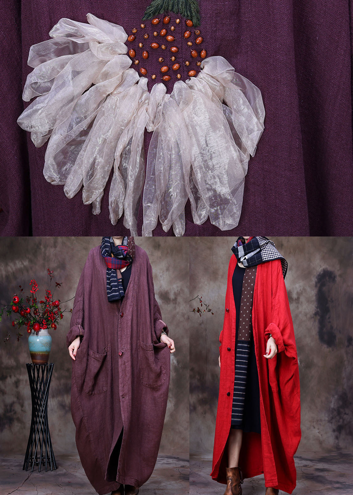 Chocolate Linen Trench Coat V Neck Handmade Long Sleeve Fall