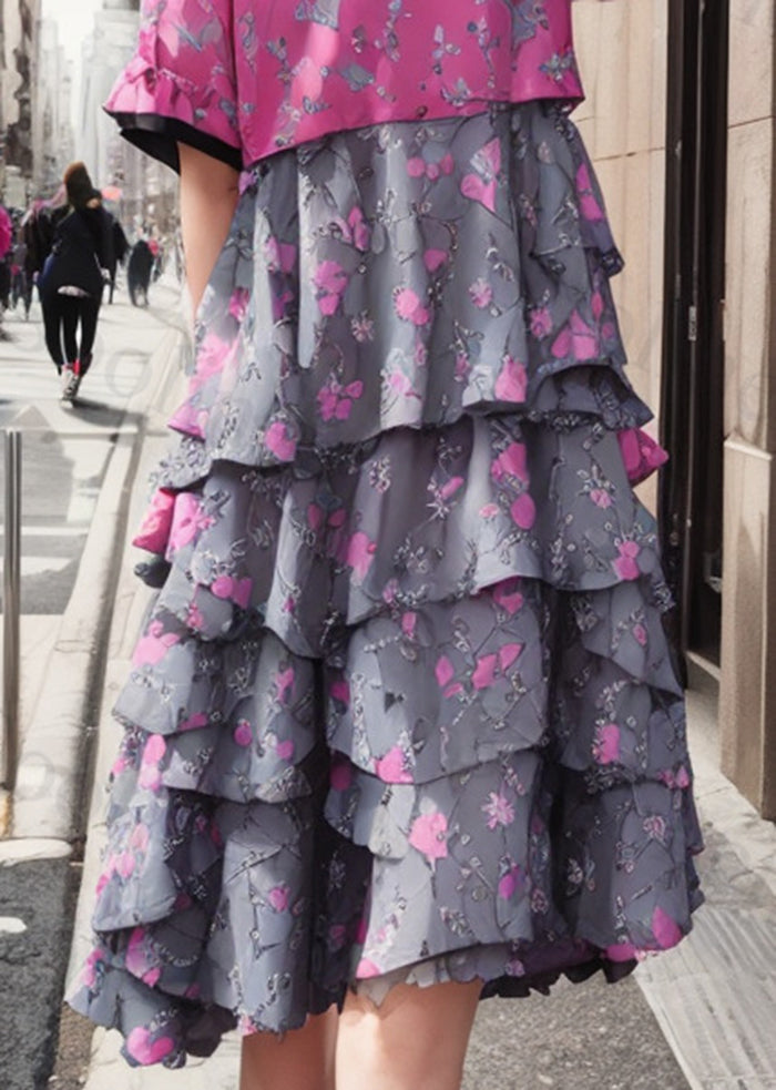 Rose Print Layered Ruffles Silk Dress Summer