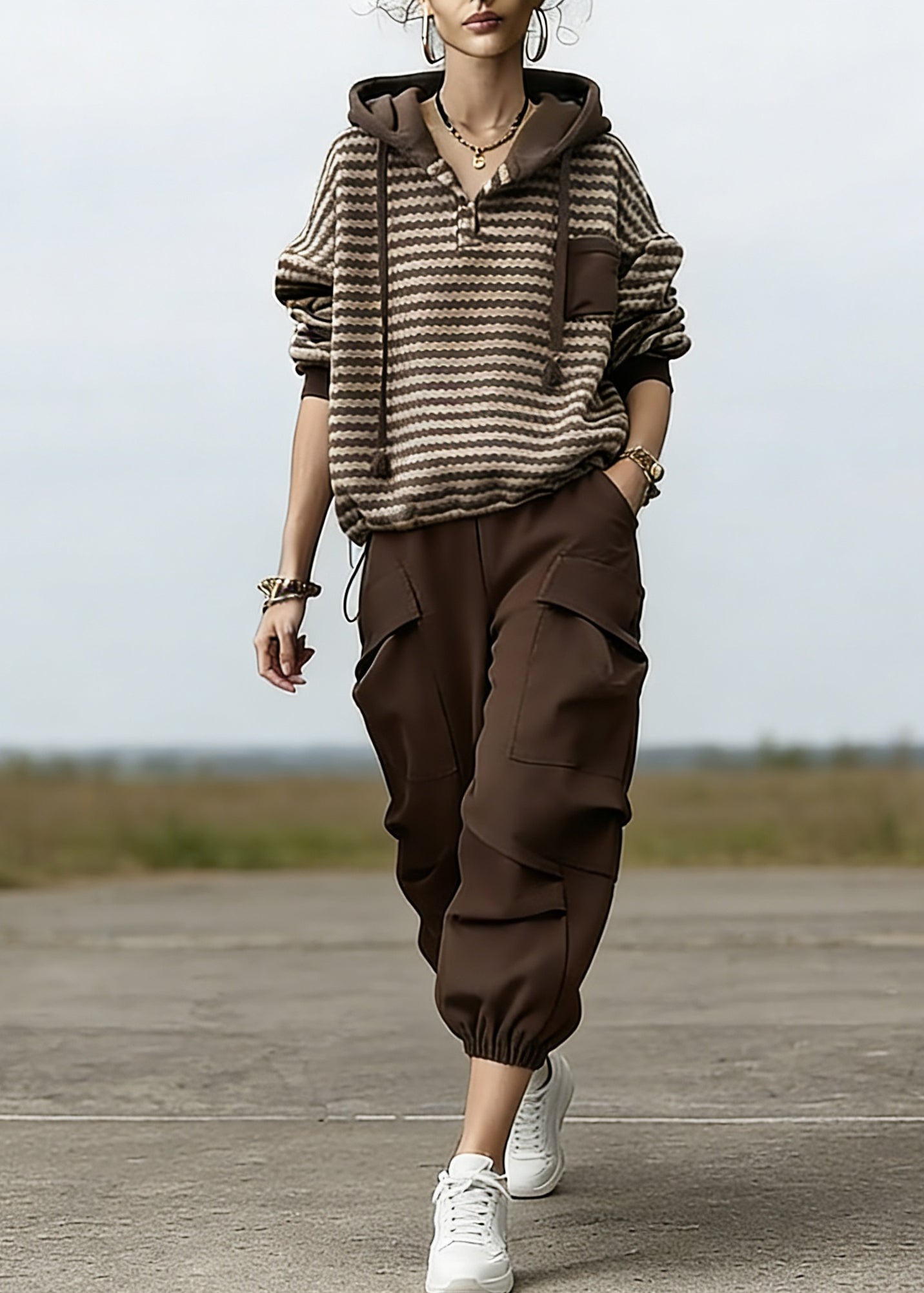 Loose Striped Drawstring Hooded Sweatshirt and Beam Pants Two Piece Set Spring