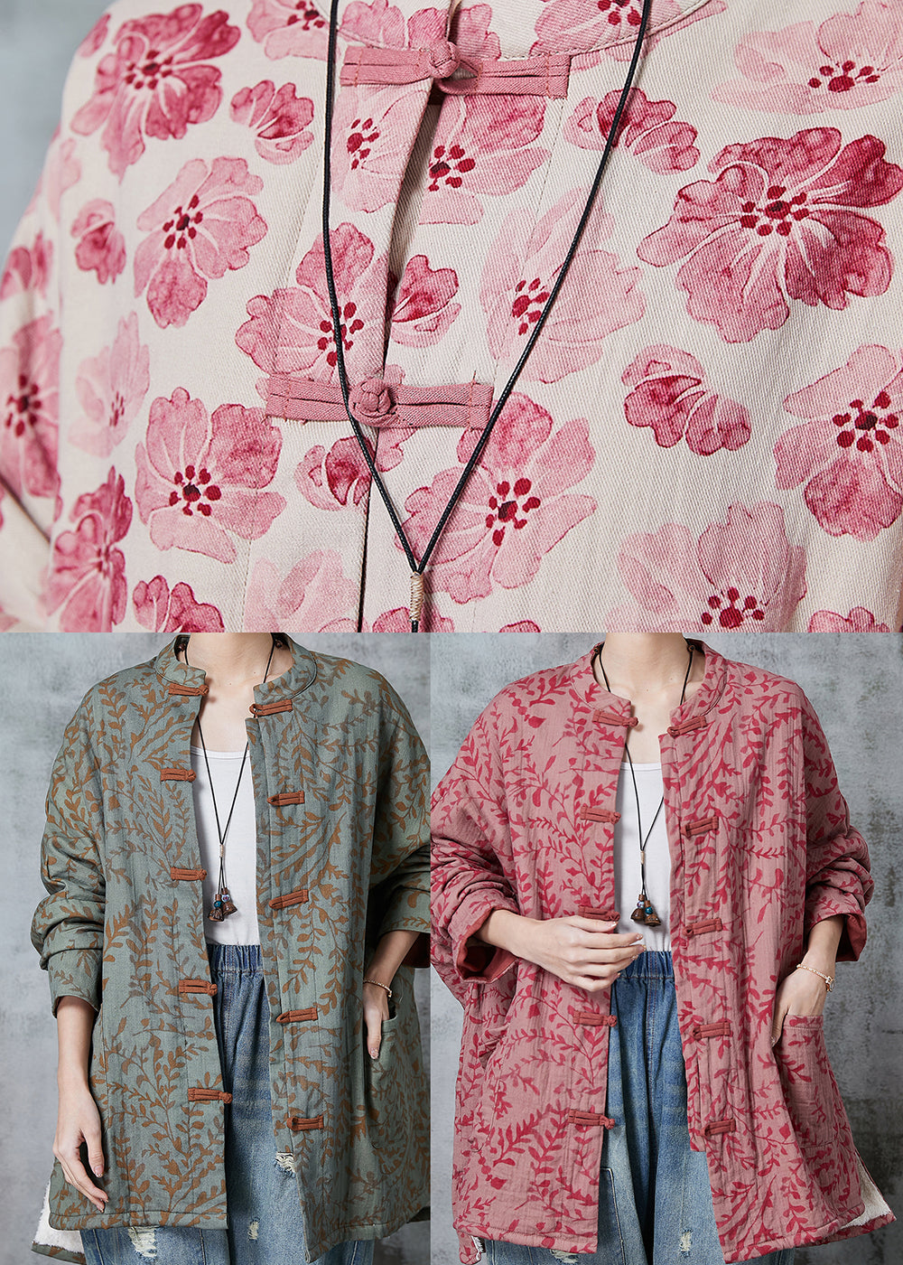 Green Oversized Print Cotton Oriental Coat Spring
