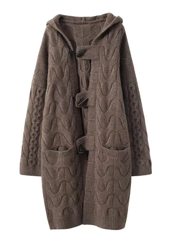 Khaki Hooded Oversized Cashmere Long Cardigans Winter