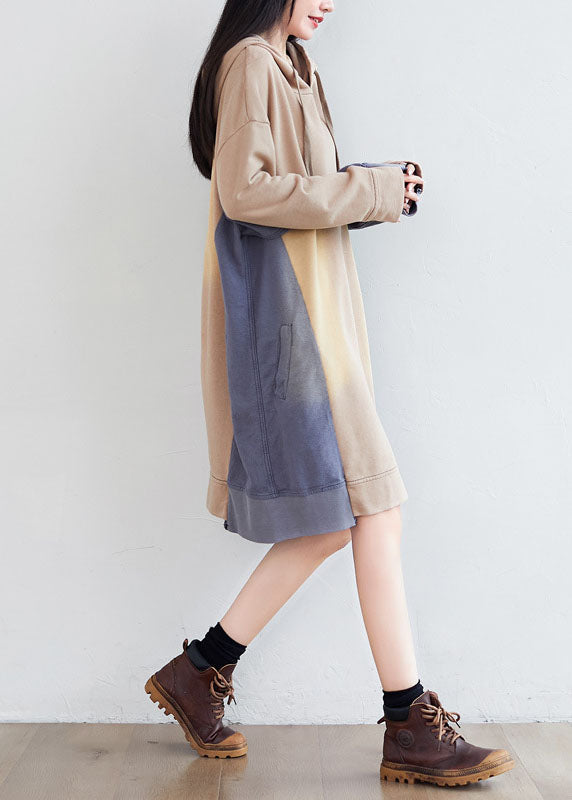 Loose Khaki Hooded Asymmetrical Pockets Patchwork Sweatshirts Dresses Spring