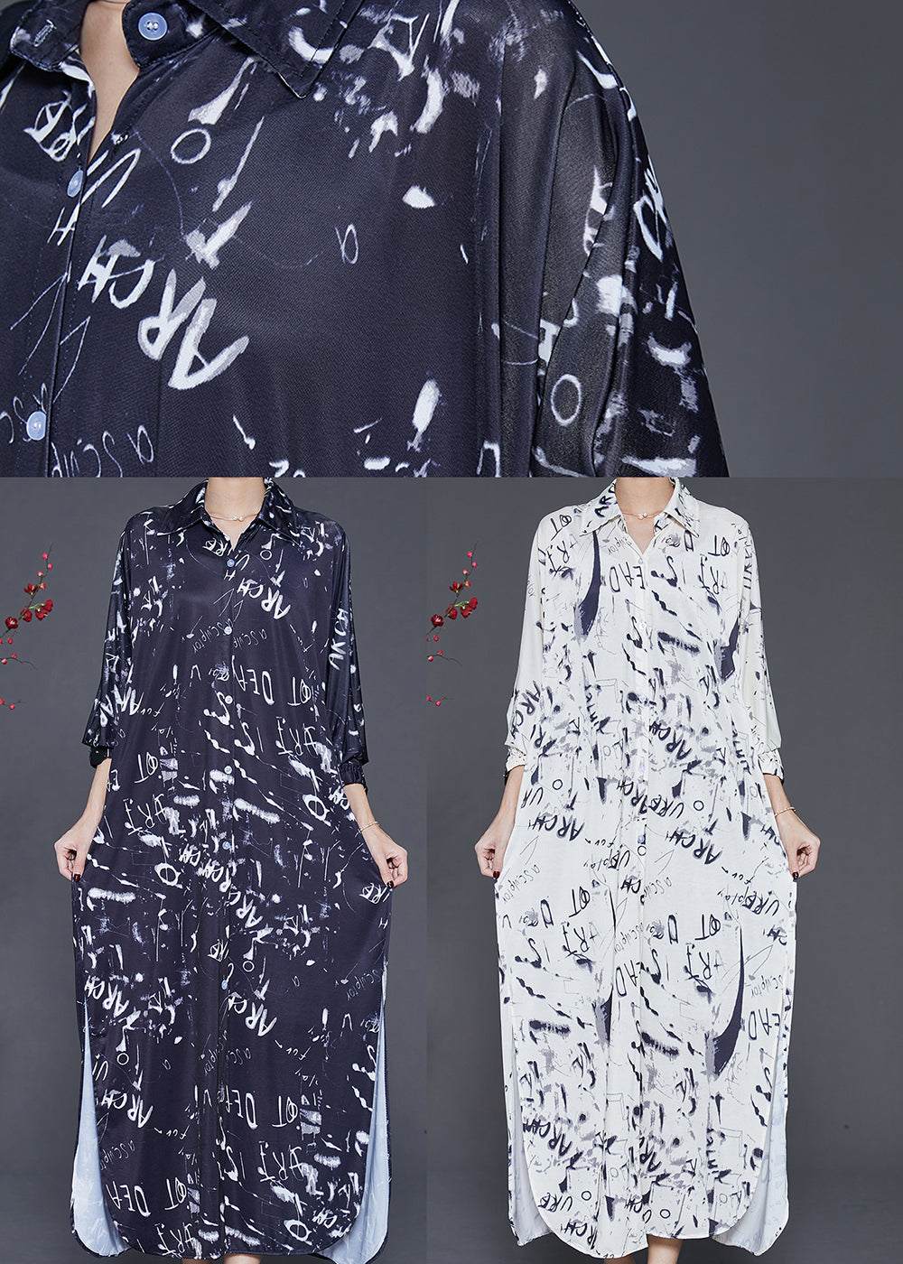 Black Print Cotton Long Dress Spring
