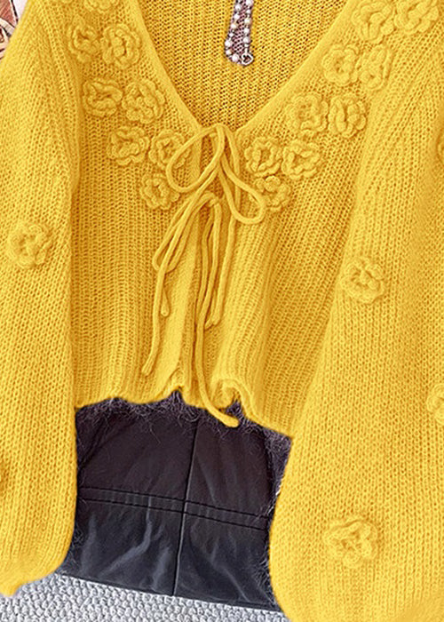 Yellow Lace Up Knit Cardigan V Neck Fall