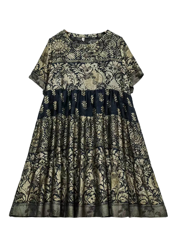 Boutique Gold O-neck Print Wrinkled Patchwork Silk Dresses Summer