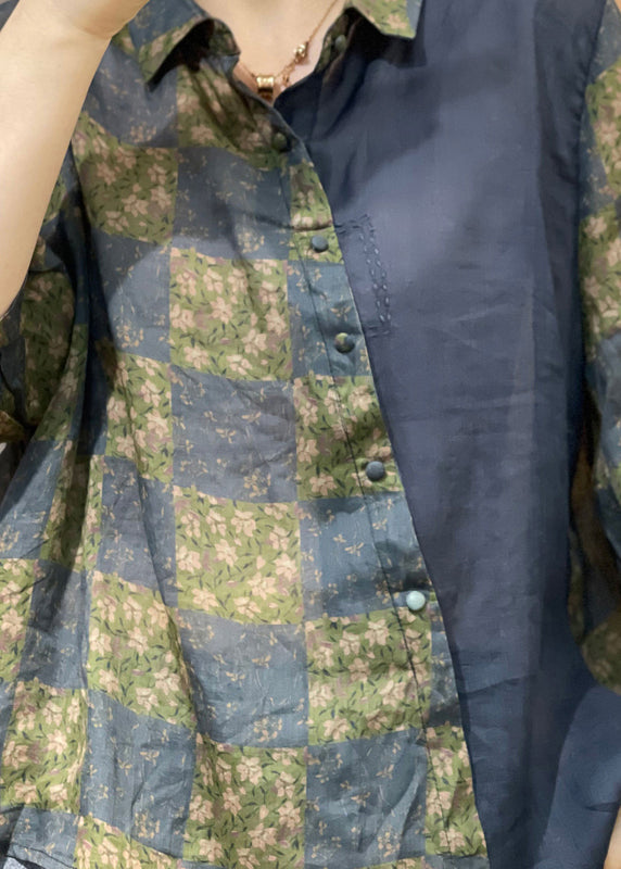 Navy Peter Pan Collar Print Patchwork Cotton Shirt Fall