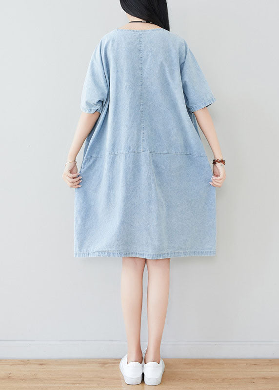 Light Blue Oversized Patchwork Print Cotton Denim Dress Summer