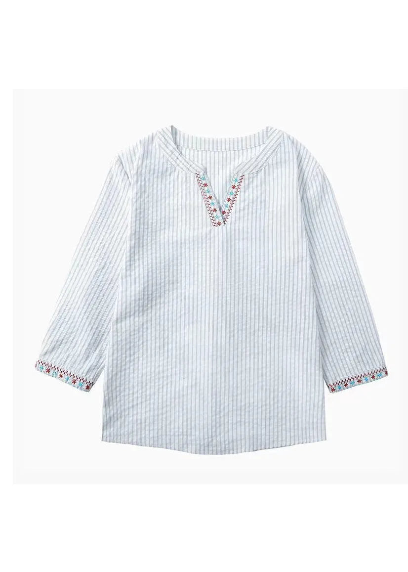 New Blue Embroidered Striped Cotton Blouses Bracelet Sleeve Fall