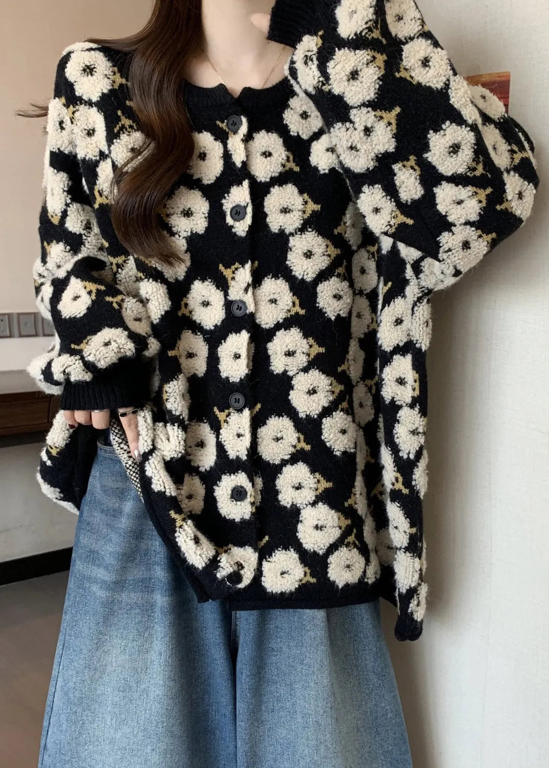 Black Embroidered Knit Loose Coat Winter