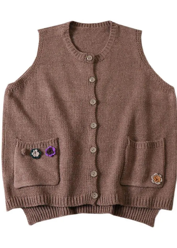 Modern Beige Pockets Button Fall Knit Vest
