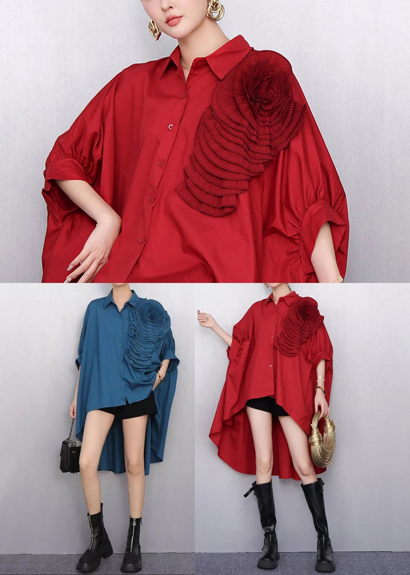 Navy Oversized Stereoscopic Flower Low High Design Long Shirts