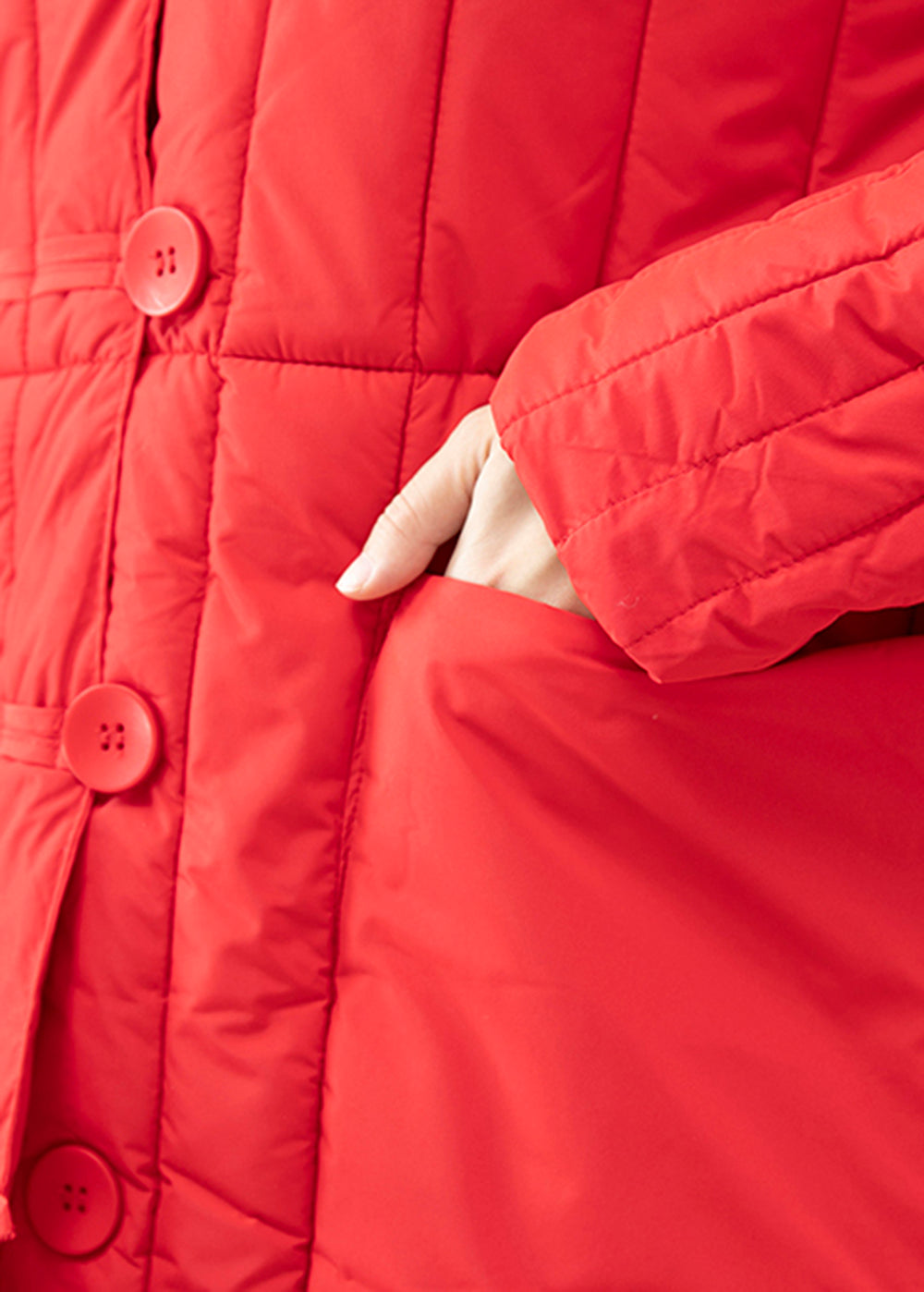 Red Hooded Pockets Fine Cotton Filled Puffer Jacket Winter