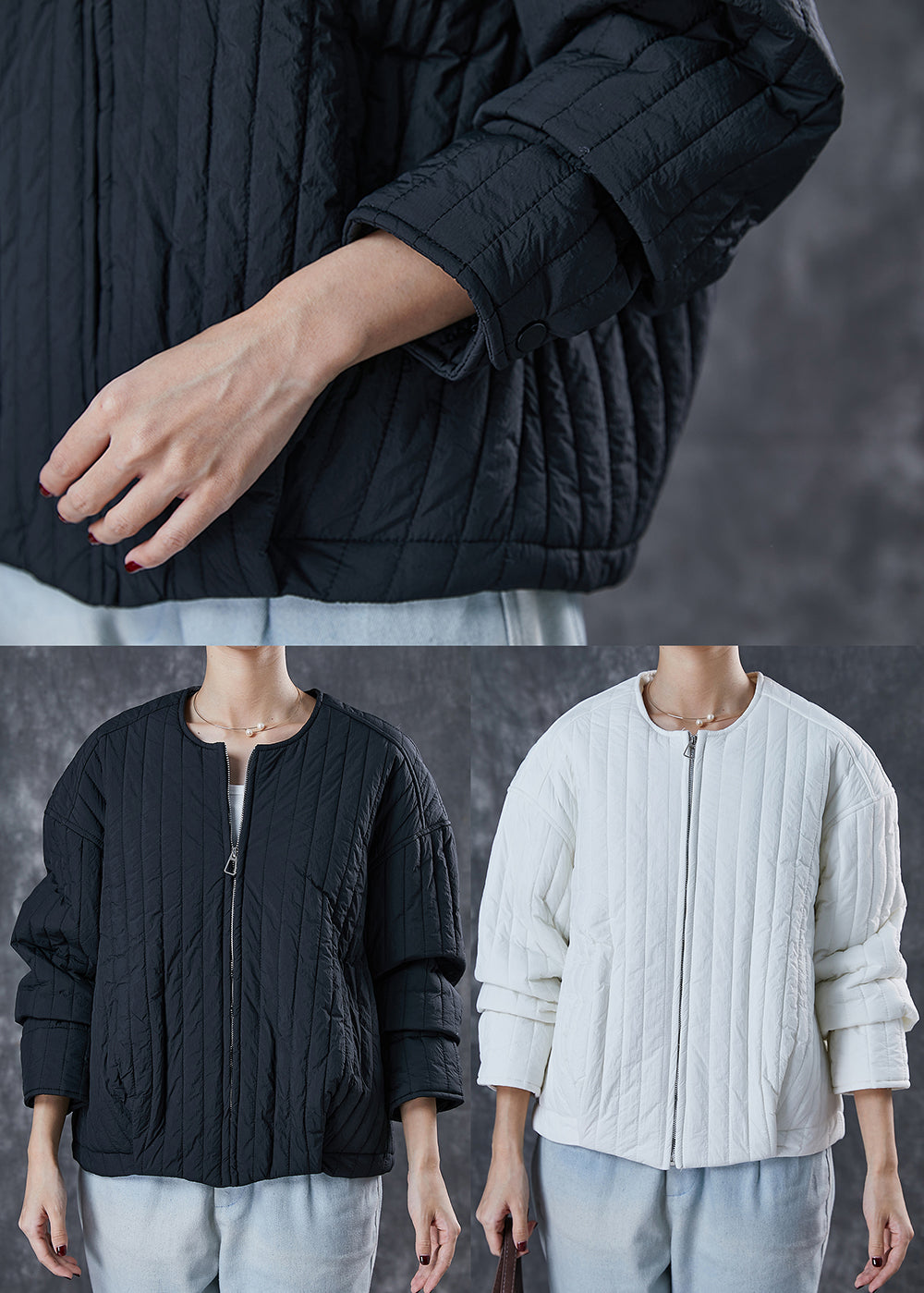 Unique Black O-neck Zip Up Fine Cotton Filled Coat Spring