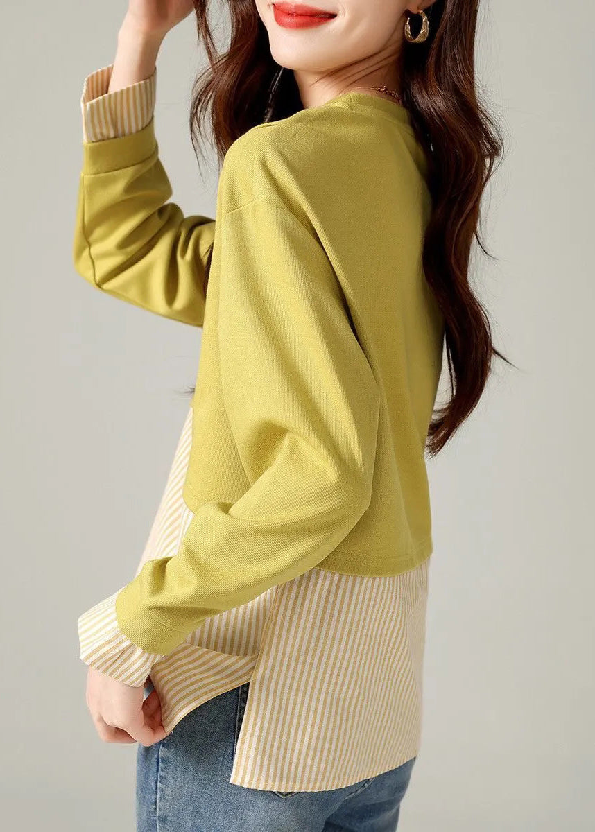 Loose Yellow O-neck Striped Patchwork T Shirts Long Sleeve