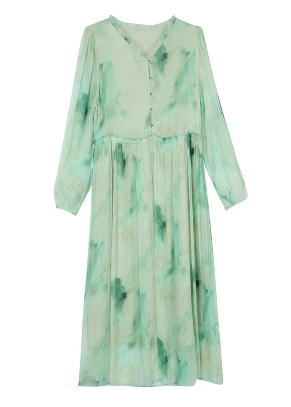 Green Ruffled Print Lace Up Chiffon Dress Summer