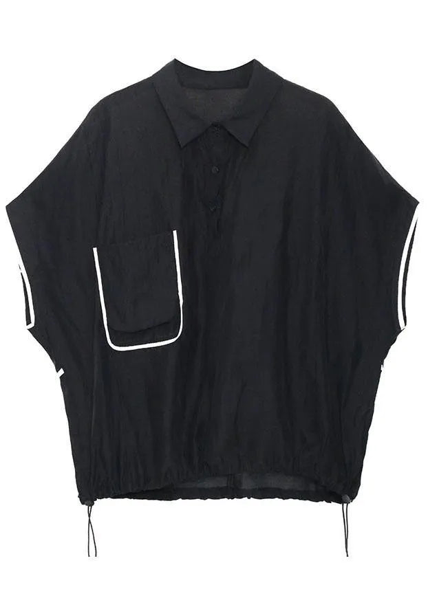 Black Pockets Peter Pan Collar Button Cotton Top Summer
