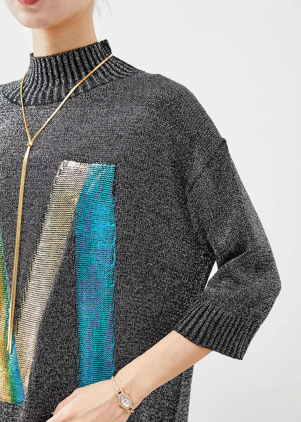 Grey Stand Collar Sequins Knit Sweater Dress Half Sleeve