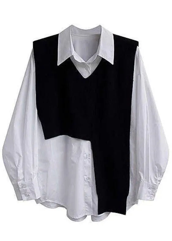 Chocolate Asymmetrical Design Knit Vest Contton Shirts Two Pieces Set Fall