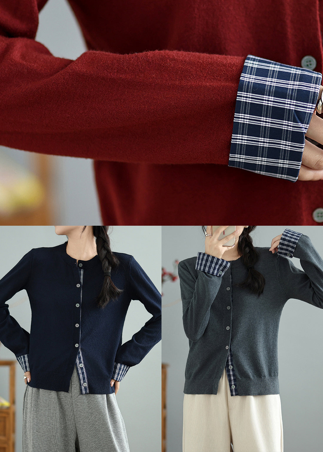 Handmade Grey O-neck Patchwork Knit Cardigans Spring