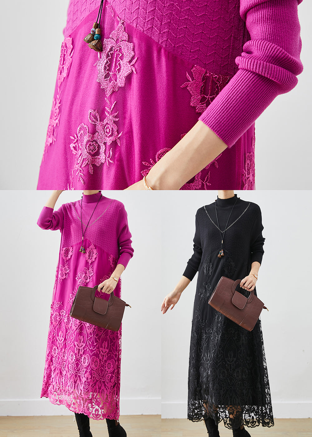 Rose Patchwork Knit Robe Dresses Embroideried Fall