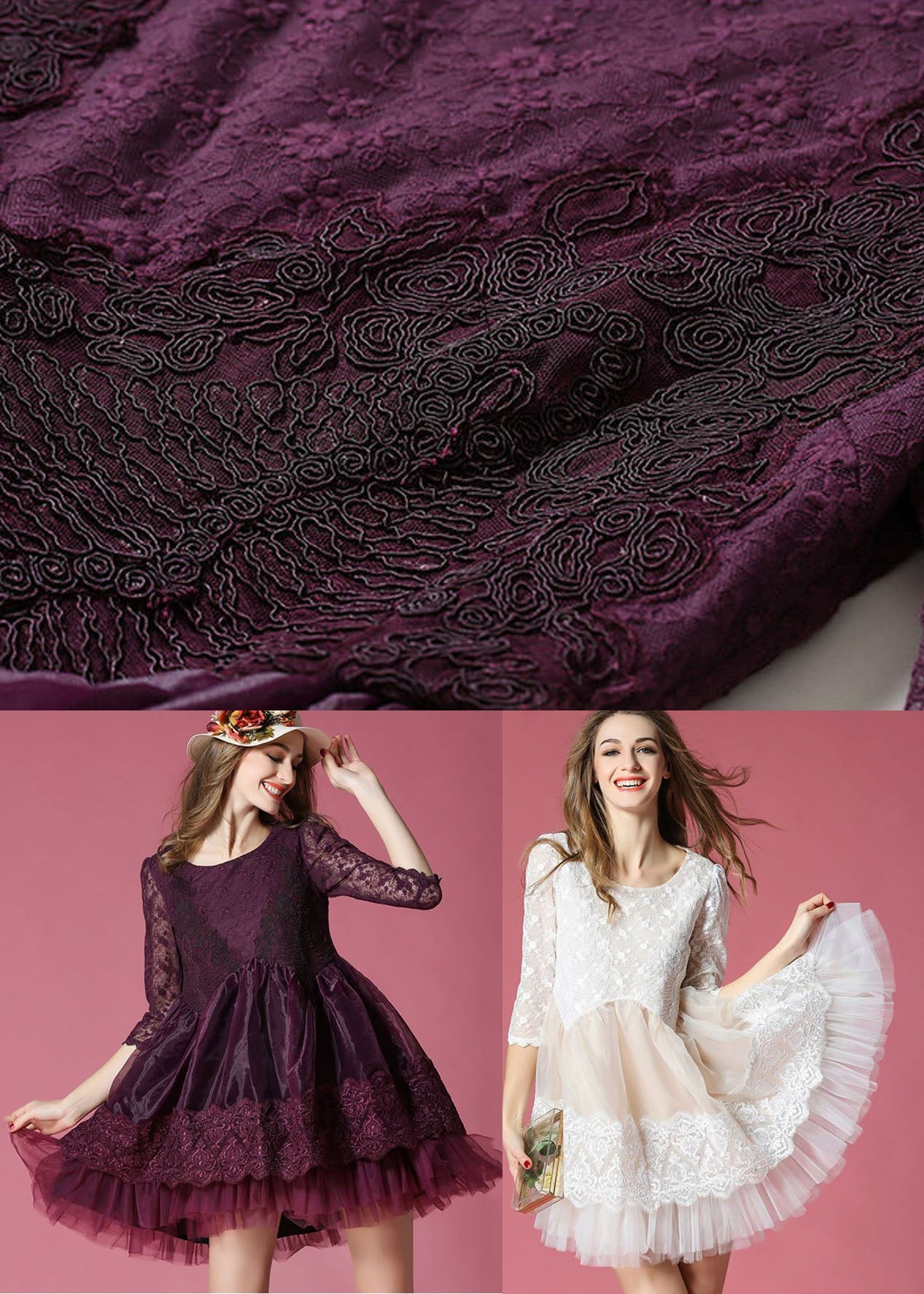 Dark Purple Embroideried Lace Patchwork Organza Mini Dresses Summer