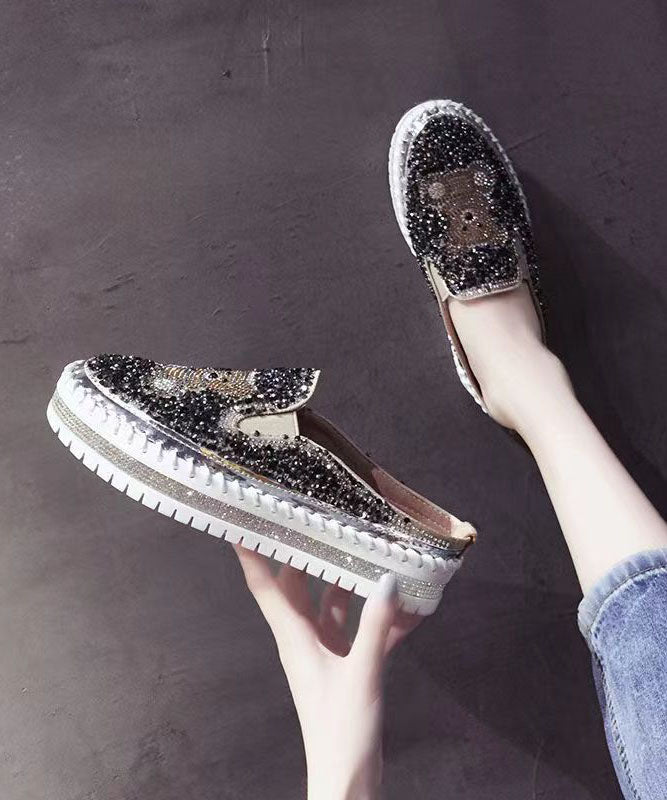Black Cartoon Zircon Splicing Platform Slide Sandals
