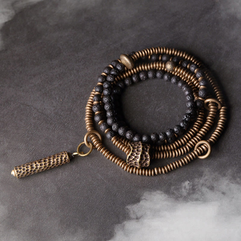 Buddha Stones Lava Rock Brass Copper Healing Multilayered Bracelet