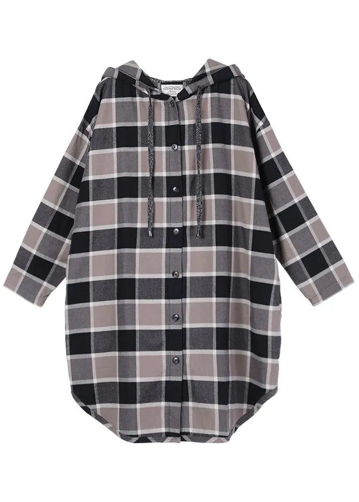 Handmade Khaki Plaid Hooded Drawstring Button Fall Shirt Top
