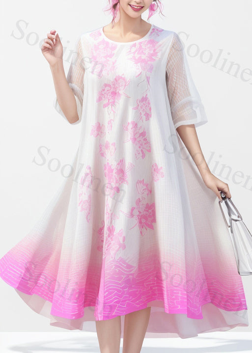 Loose Pink O-neck Print Silk Long Dress Summer