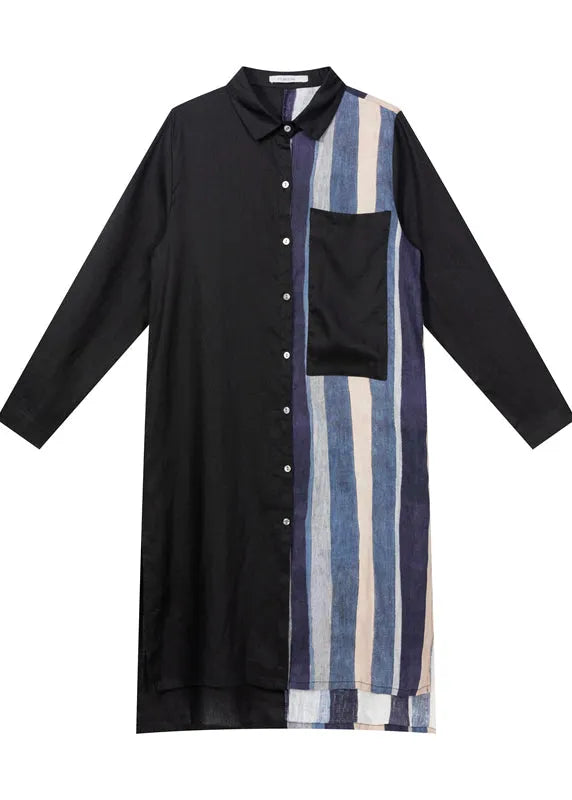 Black Low High Design Striped Linen Long Shirt Spring