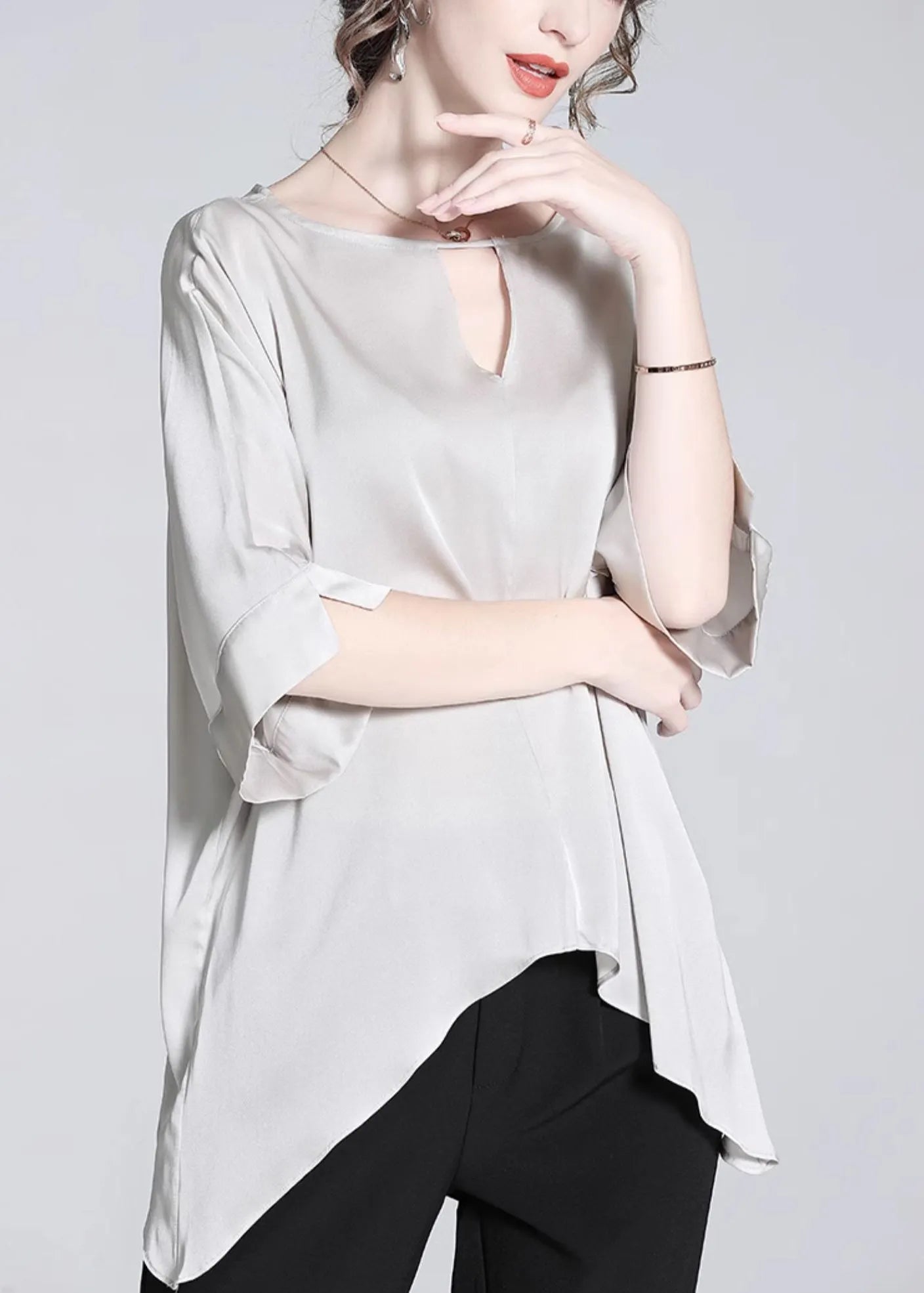 Loose Grey Asymmetrical Hollow Out Silk Tops Half Sleeve