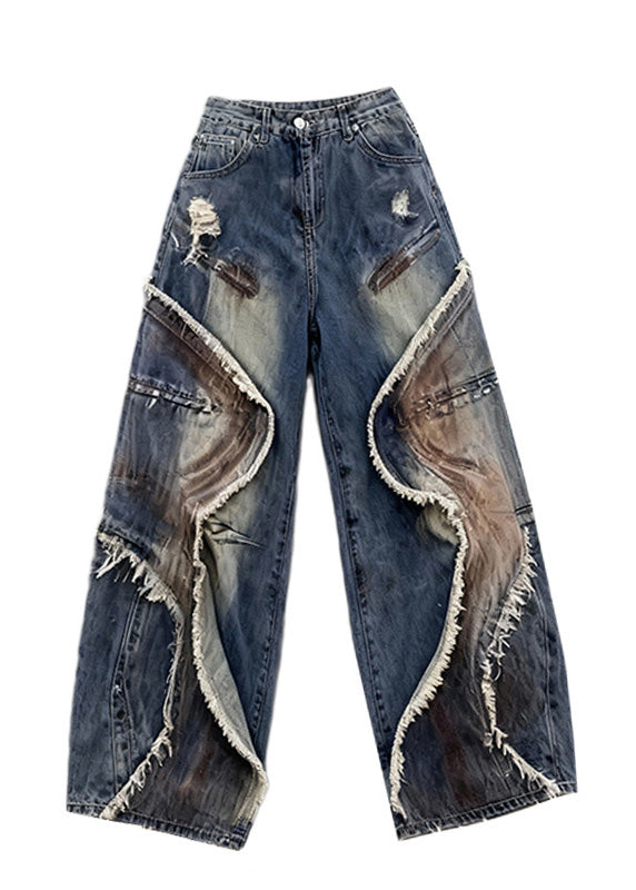 Blue Tasseled Pockets Patchwork Denim Wide Leg Pants Spring