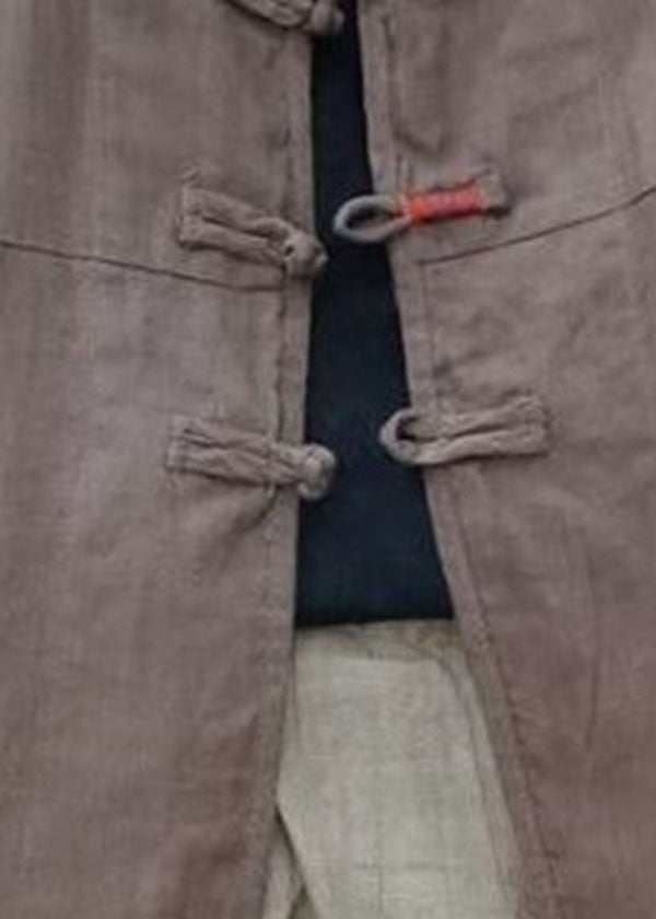 Chocolate Mandarin Collar Button Cotton Linen Coat Long Sleeve