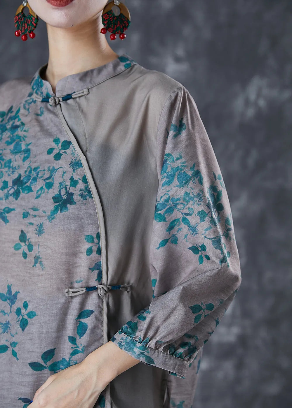 Grey Chinese Style Patchwork Print Linen Blouse Top Fall