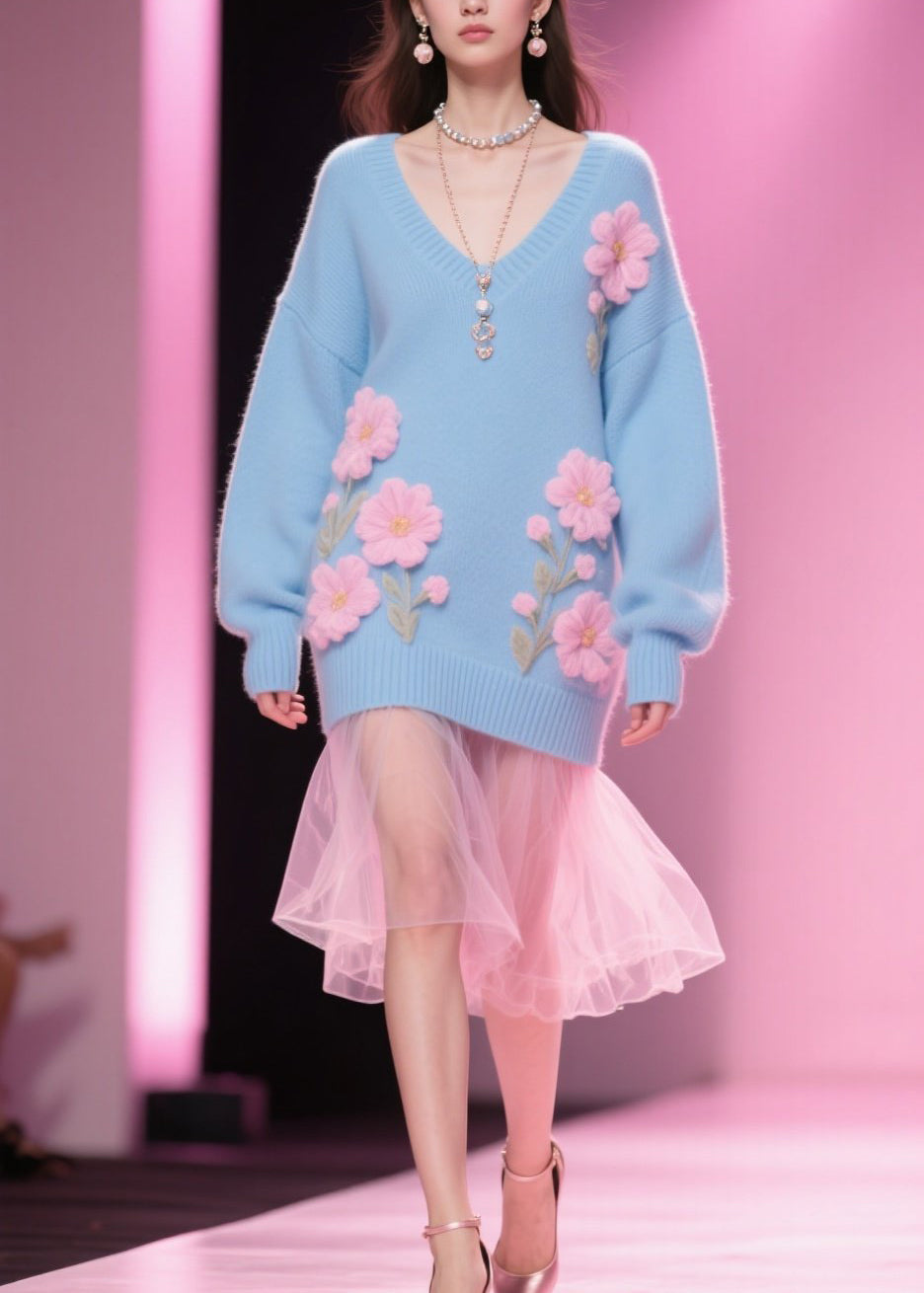 Blue V Neck Knit Pullover Winter