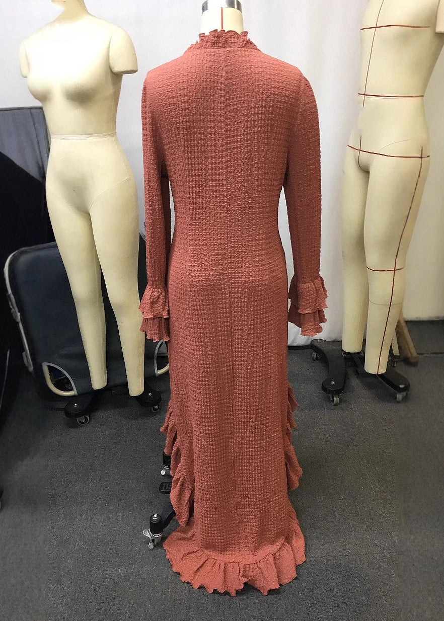 Brick Red Ruffled Low High Design Patchwork Cotton Maxi Dresses Spring