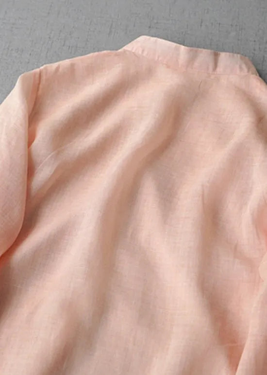Yellow Stand Collar Chinese Button Linen Shirt Bracelet Sleeve