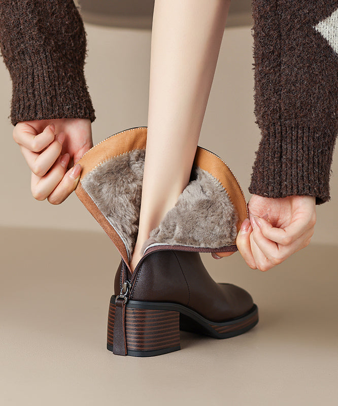 Classy Brown Chunky Short Boots Fuzzy Wool Lined