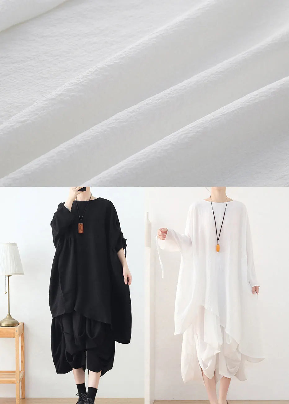 Black Loose Cotton Pullover Tops Asymmetrical Design Long Sleeve