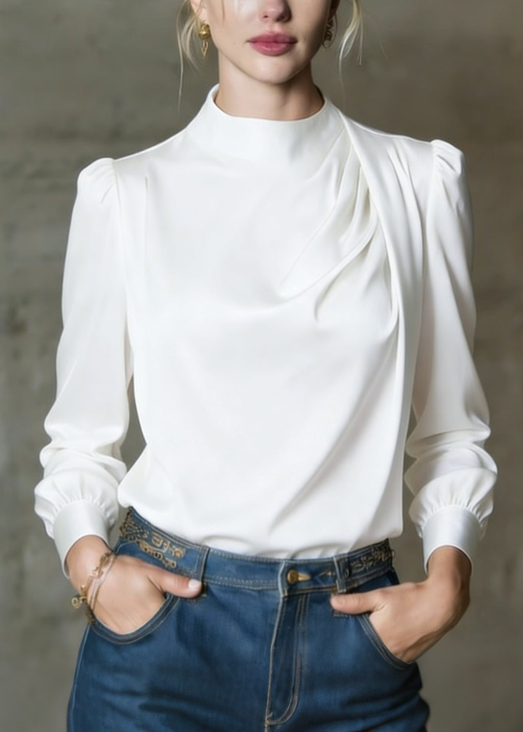 White O Neck Wrinkled Silk Shirts Spring