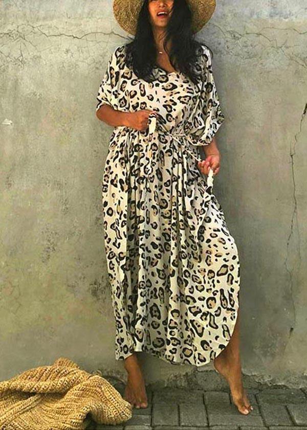 Art Leopard Tie Waist Cotton Dress Summer Beach Gown