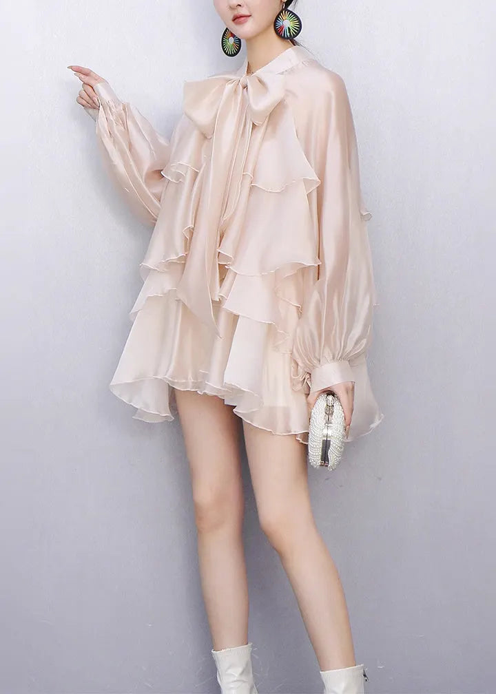 French Apricot Layered Ruffled Comfortable Fabric Silk Bow Blouse