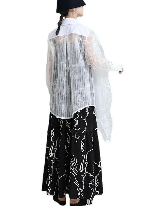 Boutique Black Peter Pan Collar Patchwork Asymmetrical Design Shirt Long Sleeve