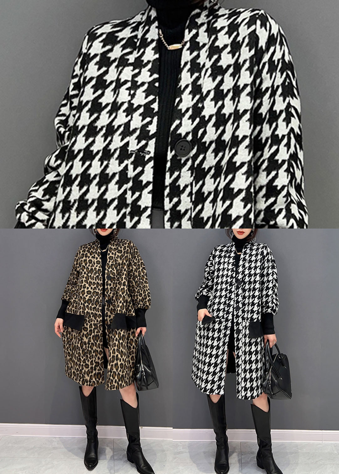Black Patchwork Cotton Coats V Neck Pockets Spring