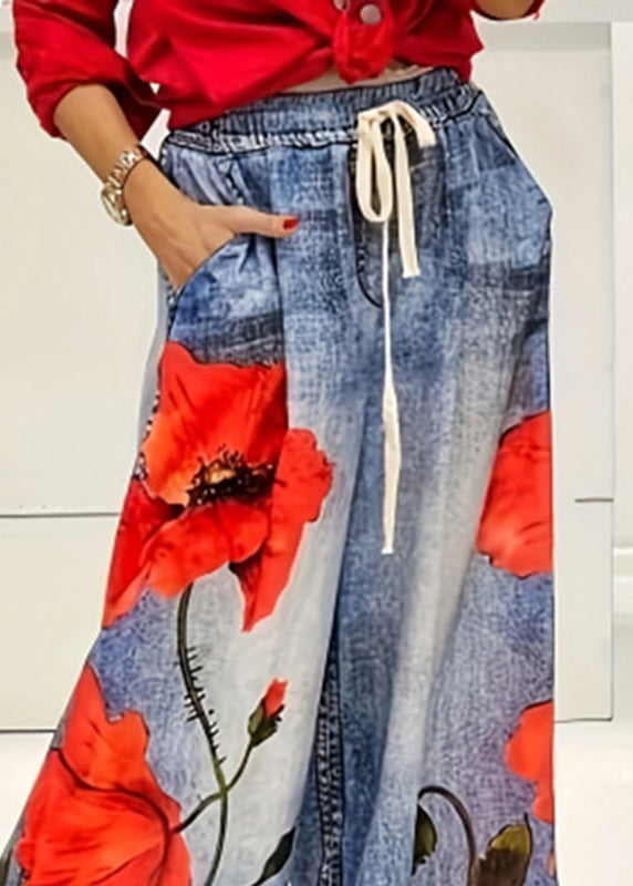 Blue Print Elastic Waist Pockets Wide Leg Jeans Summer