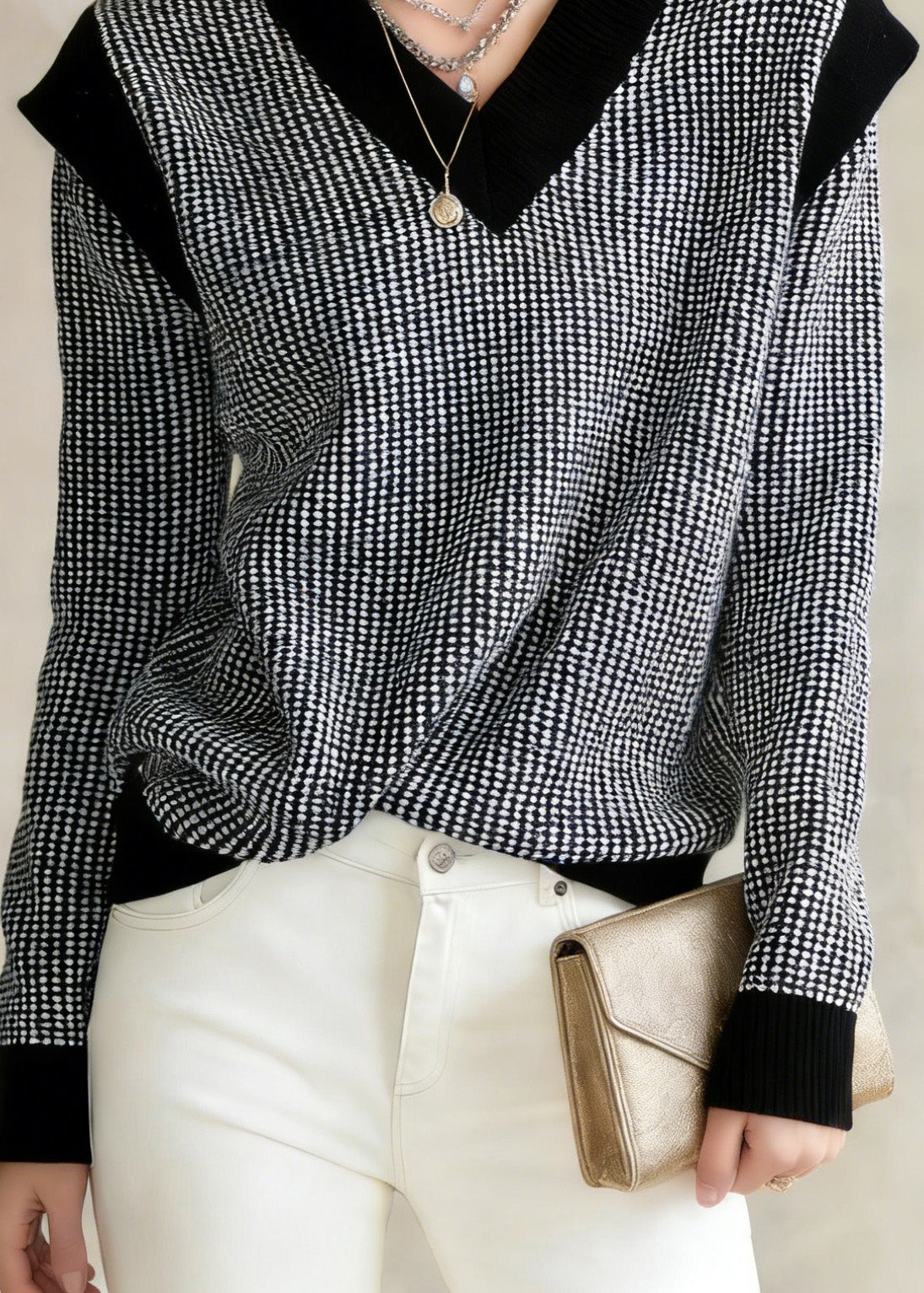 Black V Neck Plaid Knit Sweater Tops Winter